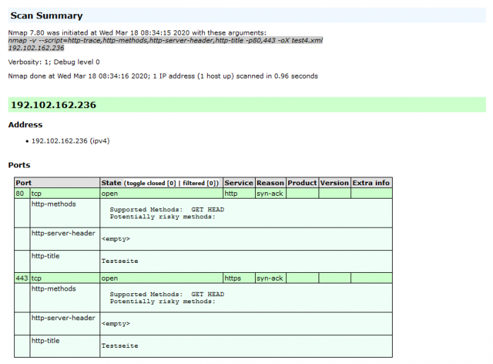 Ergebnis des Penetrationstests mit Nmap und aktiviertem Apache-Modul security2