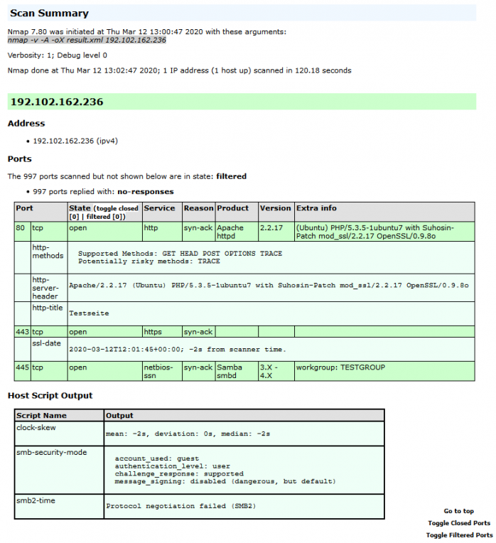 Ergebnis des Scans mit Nmap