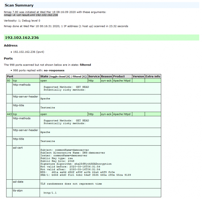 Ergebnis des Penetrationstests mit Nmap nach initialen Verbesserungen