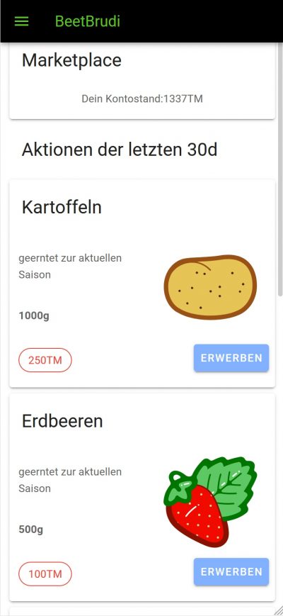 Hackathon für Nachhaltigkeit: Screenshot aus der App »BeetBrudi«, man sieht den Marktplatz für Gemüse.