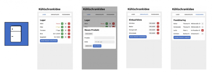 App Mockups der Kühlschrank-Idee. Man sieht verschiedene Screens.