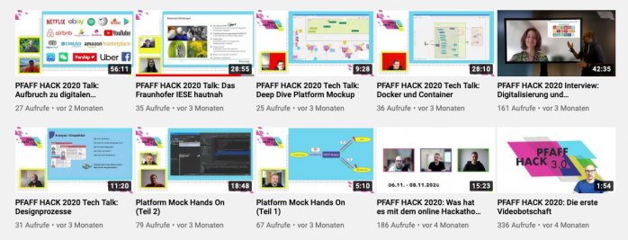 Ein Screenshot der Videos die vom PFAFF HACK-Team für den Online-Hackathon 2020 vorbereitet und veröffentlicht wurden.