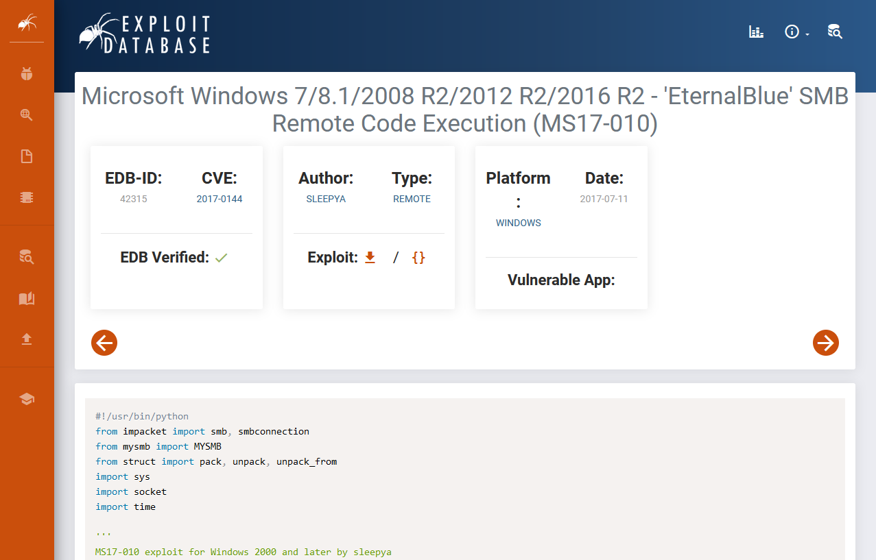 Screenshot aus der Exploit-DB mit dem beispielhaften Exploit 'EternalBlue' aus dem Jahre 2017, der auch die IT-Sicherheit von KMUs gefährdet