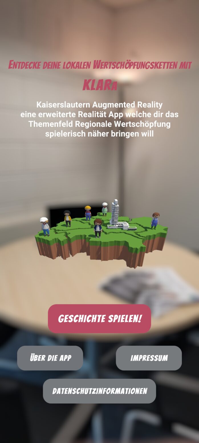 Augmented Reality (AR) and Storytelling to convey ideas: Fraunhofer IESE – figure showing KLARa's Main Menu