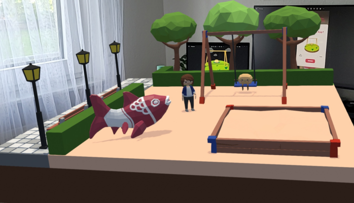 AR and Storytelling to convey ideas: Fraunhofer IESE – figure showing KLARa's playground scene after postprocessing
