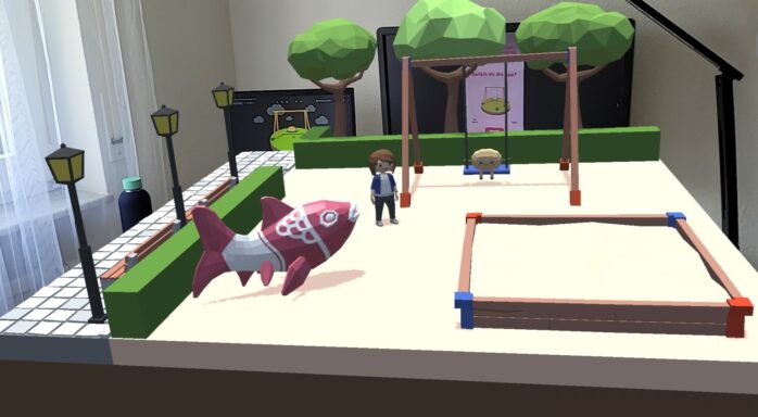 Augmented Reality (AR) and Storytelling to convey ideas: Fraunhofer IESE – figure showing KLARa's playground scene before postprocessing