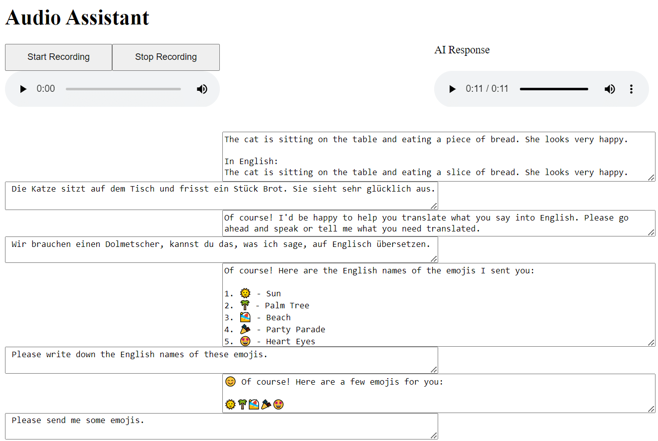 Chatverlauf der Spracherkennung und Verarbeitung durch den LLM Voice Bot. Quelle: Eigene Darstellung