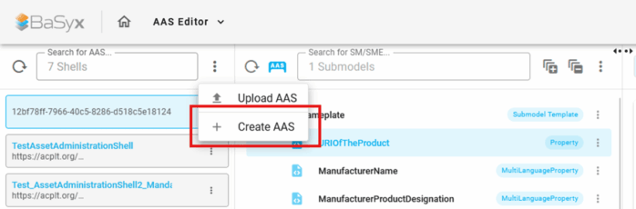 AAS Software, um Verwaltungsschale (AAS) mit Eclipse BaSyx zu erzeugen, Screenshot Schritt 2: Create a new Asset Administration Shell