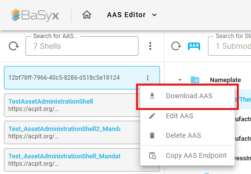 AAS Software, um Verwaltungsschale (AAS) mit Eclipse BaSyx zu erzeugen, Screenshot Schritt 7: Download Asset Administration Shell