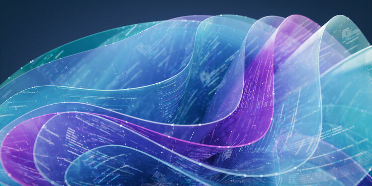 Vibe Coding, was ist das? KI gestützte Softwareentwicklung. Abstract flowing layers with integrated code represent an AI coding assistant interface.