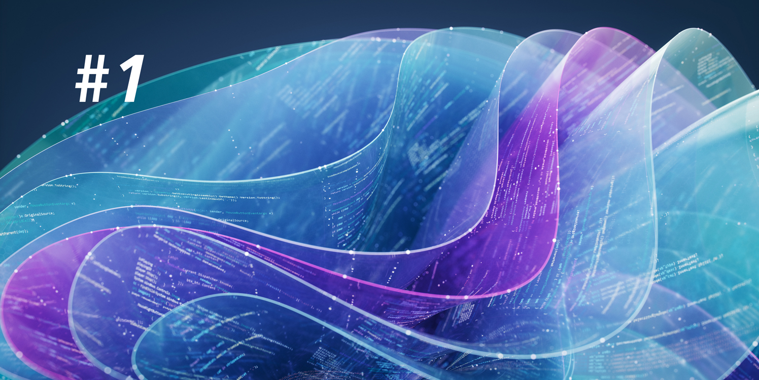 Vibe Coding, was ist das? KI gestützte Softwareentwicklung. Abstract flowing layers with integrated code represent an AI coding assistant interface.