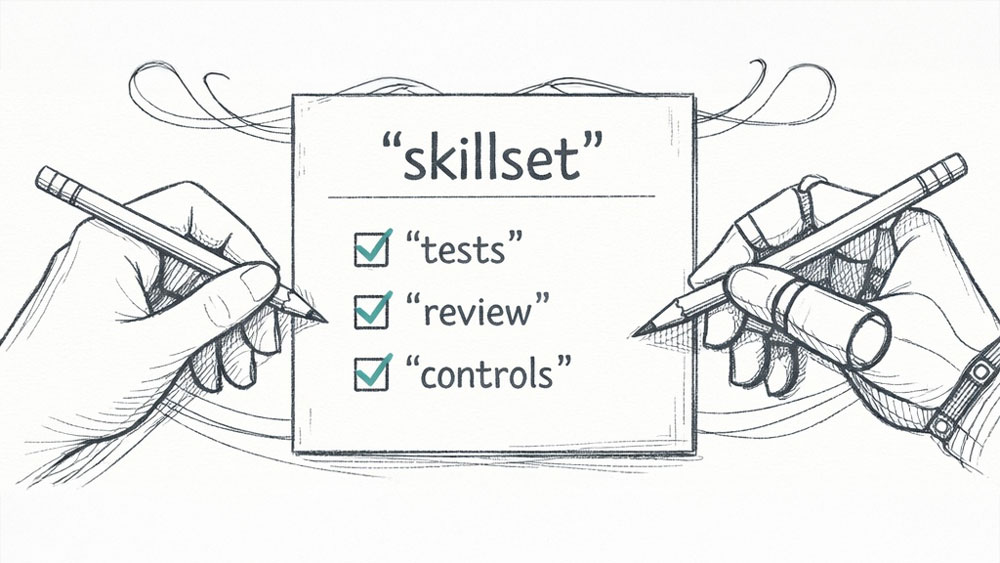 composition with lots of white space. left: human hand checks checkboxes, right: robotic hand checks ckeckboxes about skillset tets, review, controls