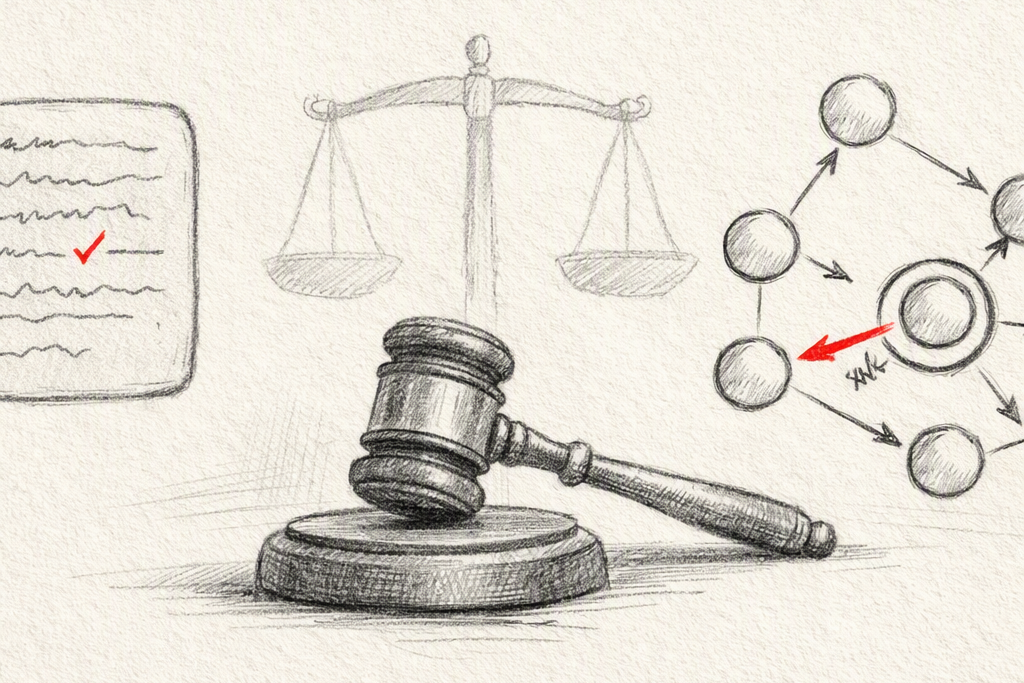 LLM-as-a-Judge illustrated by a gavel, scales, a reviewed document, and connected data points