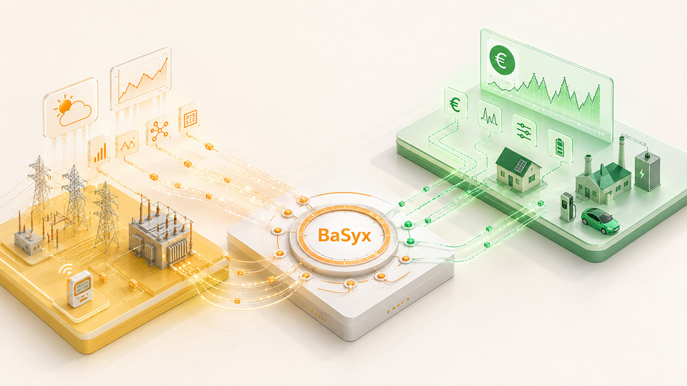Eine Infografik illustriert den Datenfluss der Eclipse BaSyx Middleware im DynaNet-Projekt. Von einem gelben Datenbereich links, der Strommasten, ein Umspannwerk, Wetterdaten und Stromlastgraphen zeigt, führen orangefarbene Datenströme zu einem zentralen, kreisförmigen BaSyx-Datenhub. Von diesem Hub aus fließen grüne Datenströme zu einem rechten, grünen Bereich, der ein modernisiertes Wohnhaus mit Solarpanels, eine Fabrik, eine Ladesäule mit Elektroauto sowie Preissignale mit Euro-Symbolen und Graphen zeigt. Die Infografik visualisiert, wie BaSyx lokale Netzdaten in netzdienliche Preissignale für Endverbraucher und Industrie übersetzt, um das Verteilnetz zu stabilisieren.