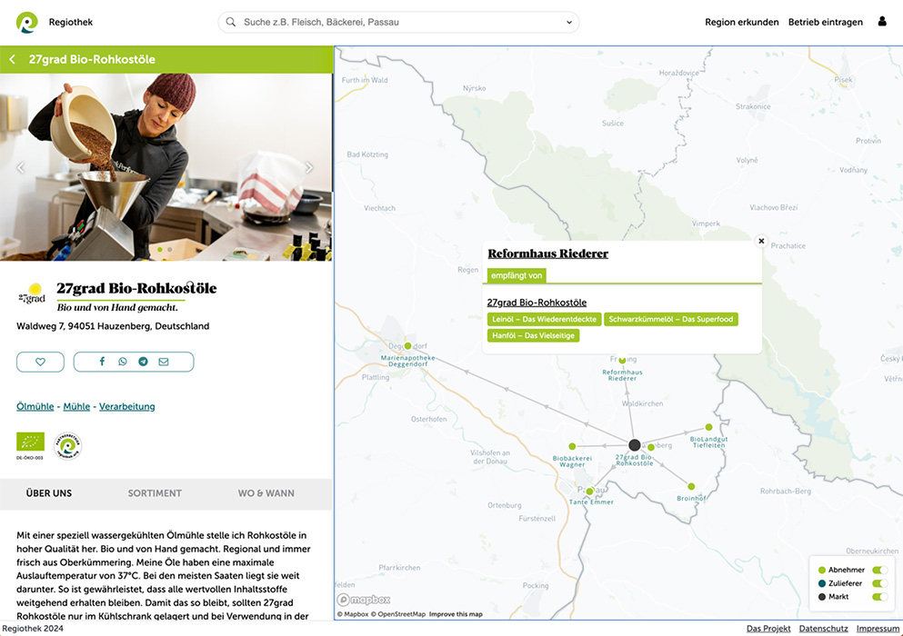 Abbildung 3: SMAEG-Bot: Transparente Darstellung von Lieferbeziehungen auf der Regiothek-Plattform. Quelle: https://www.regiothek.de/27grad-bio-rohkostoele