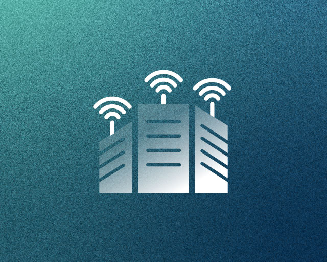 Icon, das drei stilisierte Gebäude mit W-Lan-Symbolen zeigt.